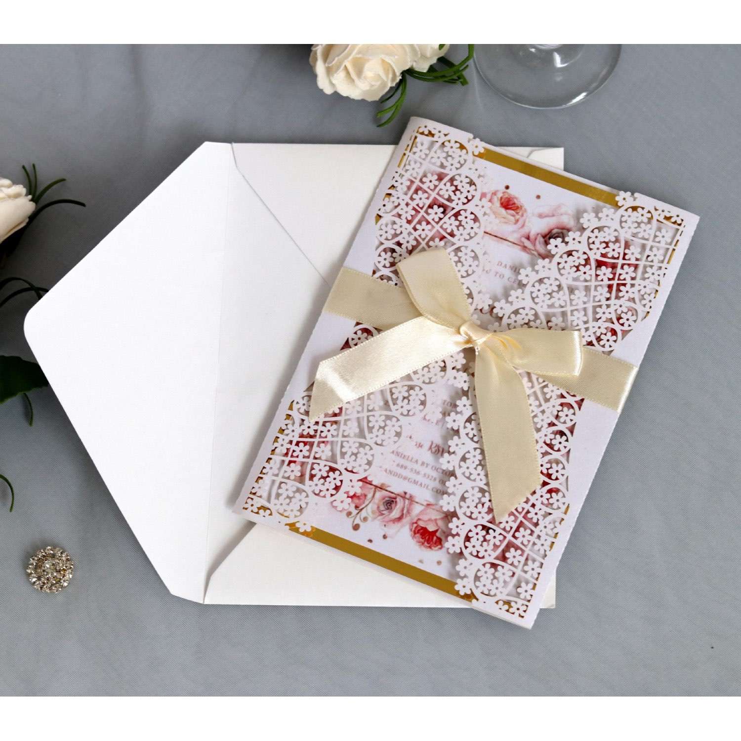 White New Wedding Card Snowflake Lace Laser Cut Iridescent Paper 